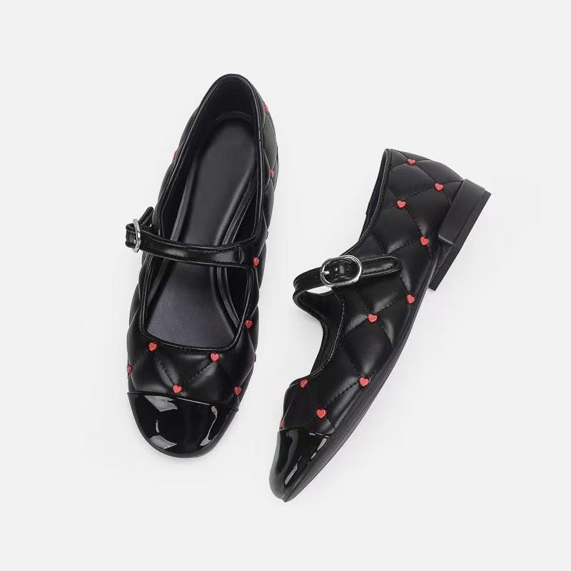 Flat single shoes women's spring new shallow mouth love rhombus casual word belt Mary Jane shoes