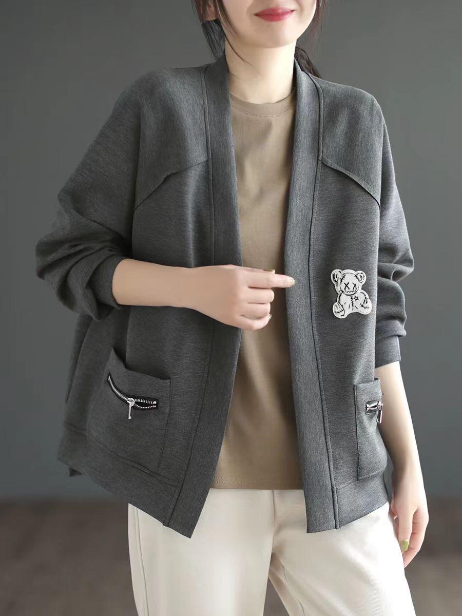 

Корейское мультяшное вышитое пальто с длинными рукавами для женщин, осеннее нишевое свободное однотонное пальто One Size серый