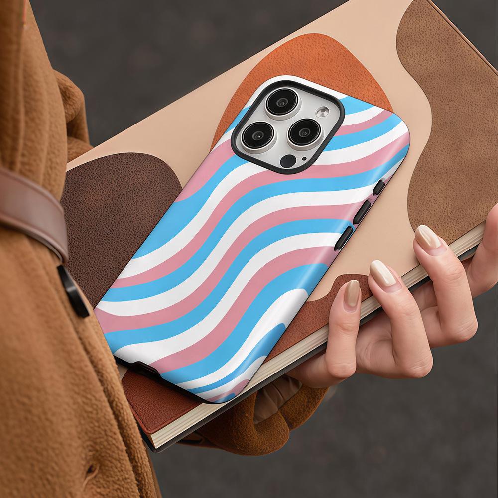 Contrasting stripes are suitable for Apple 13ProMax double-layer film case, pink and blue 17PRO matte mobile phone case 16E.