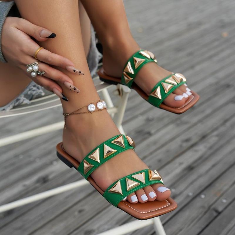 

Модные женские туфли на плоской подошве с квадратным носком, женские повседневные пляжные шлепанцы, летние новые роскошные сандалии, модные прогулочные шлепанцы с открытым носком 36 зелёный