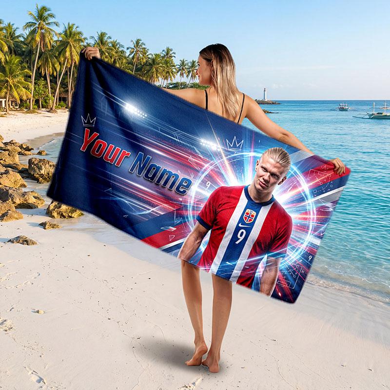 Asciugamano da Spiaggia Personalizzato Erling Haaland, Stampa Testo Nome Personalizzato, Asciugamano Morbido ad Asciugatura Rapida con Logo Calcio, Regalo per le Vacanze