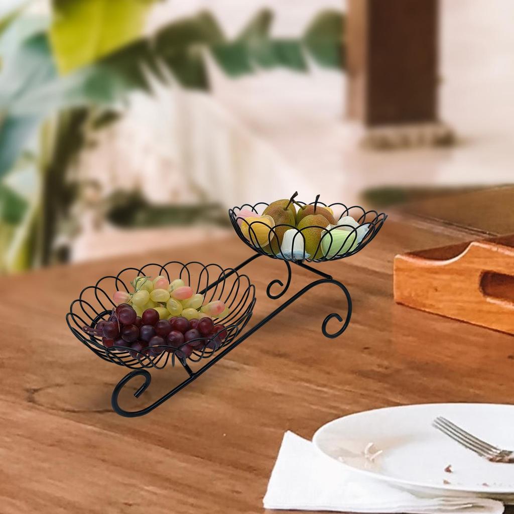2 Tier Fruit Basket Bowl Metal Wire Holder, Party Minimalist Space Saving Wrought Iron
