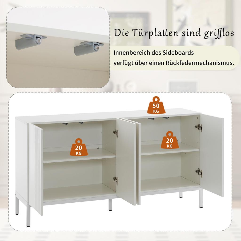Sideboard mit 4 Türen, Moderne Buffetschrank Mehrzweckschrank mit Verstellbare Ablage, Griffloses Design