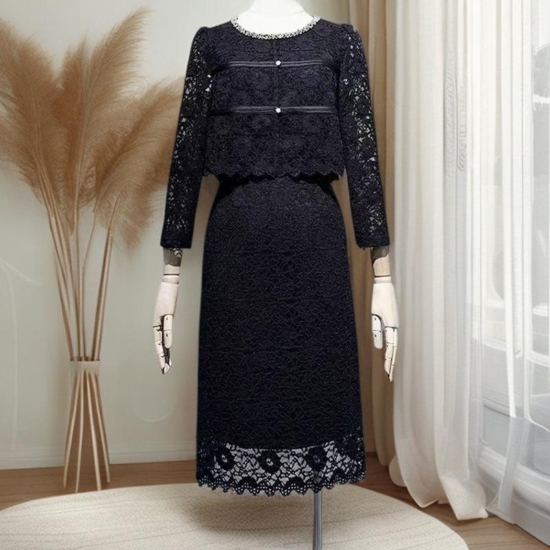 

Elegant Lace Rhinestone Long Sleeve Layered Dress, Spring/Autumn Style M (90-108 Jin)