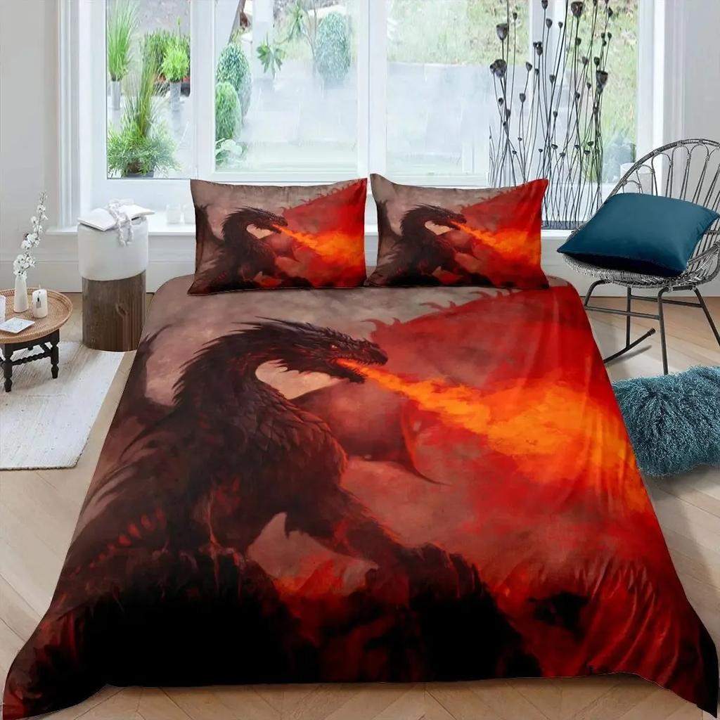 Ice Fire Dragon Duvet Cover Set for Boys Oriental Beast Bedding Set Eastern Auspicious Animals Fairy Tale Comforter Cover