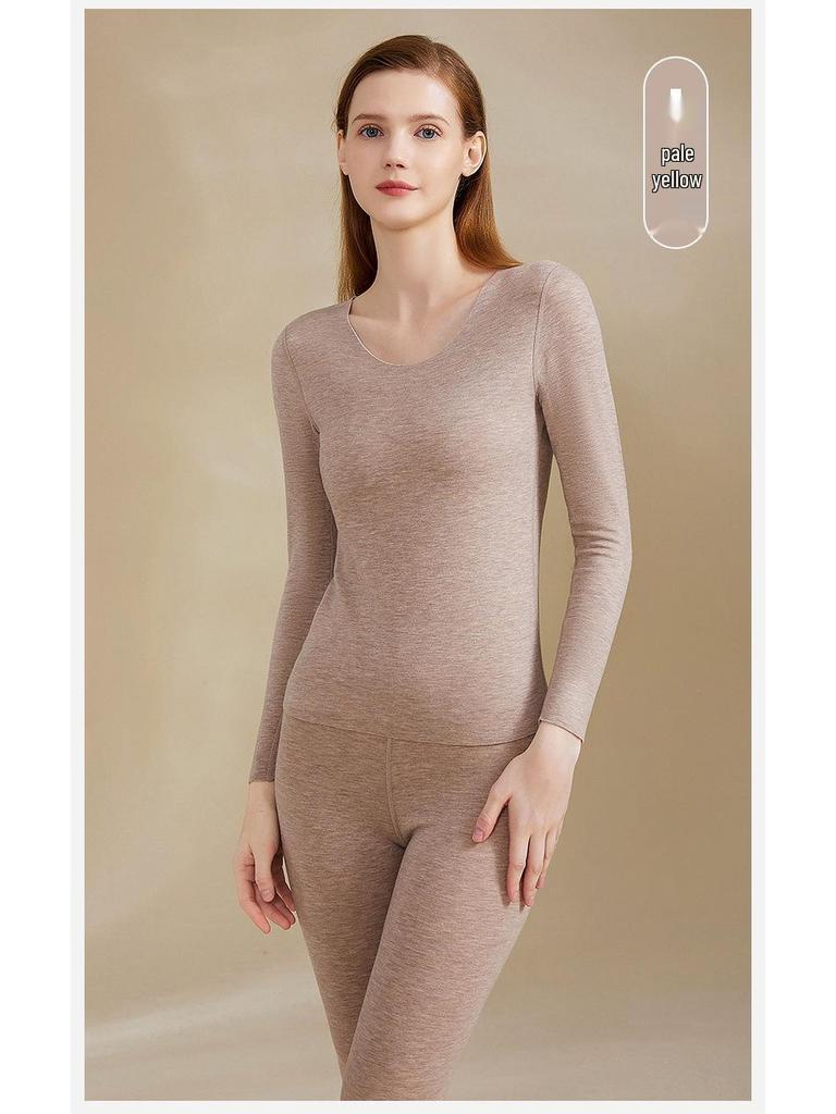 Damen Fleecegefüttertes Kaschmir-Seiden Thermounterwäsche-Set - Nahtloses Rundhals-Design, Antibakterielle Deutsche Samt-Herbsthose