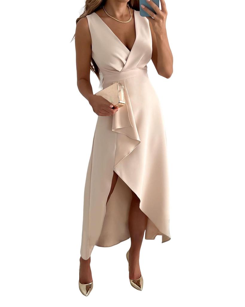 Azura Exchange Elegant Surplice V Neck Frill Midi Dress with Side Slit