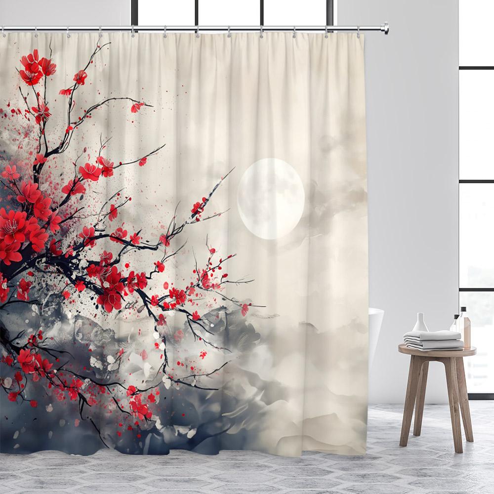 Japanese Landscape Shower Curtains Abstract Mountain Pink Cherry Blossom Floral Bird Pavilion Asian Art Bathroom Curtain Decor