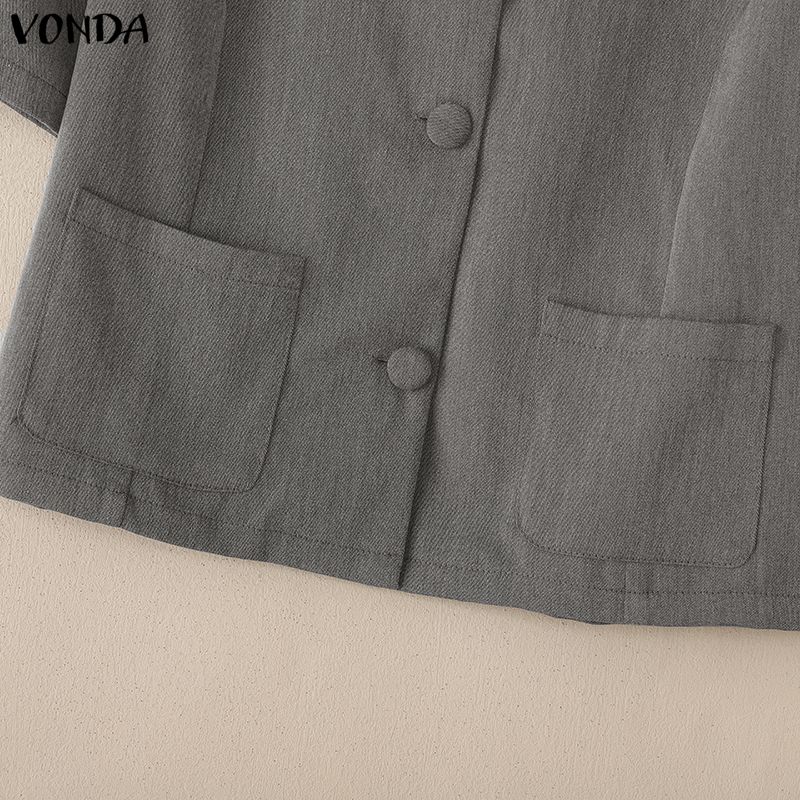 VONDA Women Casual Ruffled Hem Beading Round Neck Short Sleeve Cropped Blouse