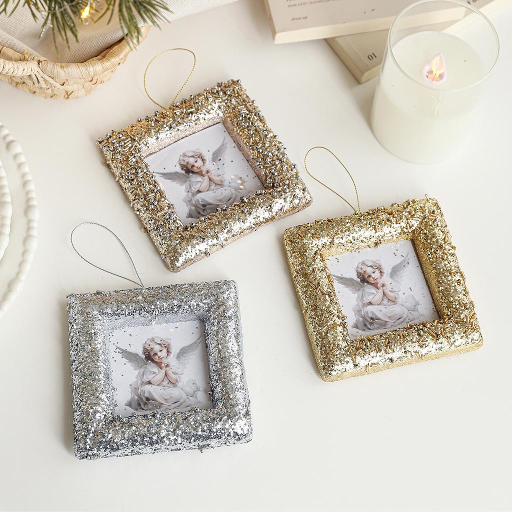 Foam Frame Angel Christmas Tree Pendant Golden Silver Square Circular Frame Hanging Christmas Decoration