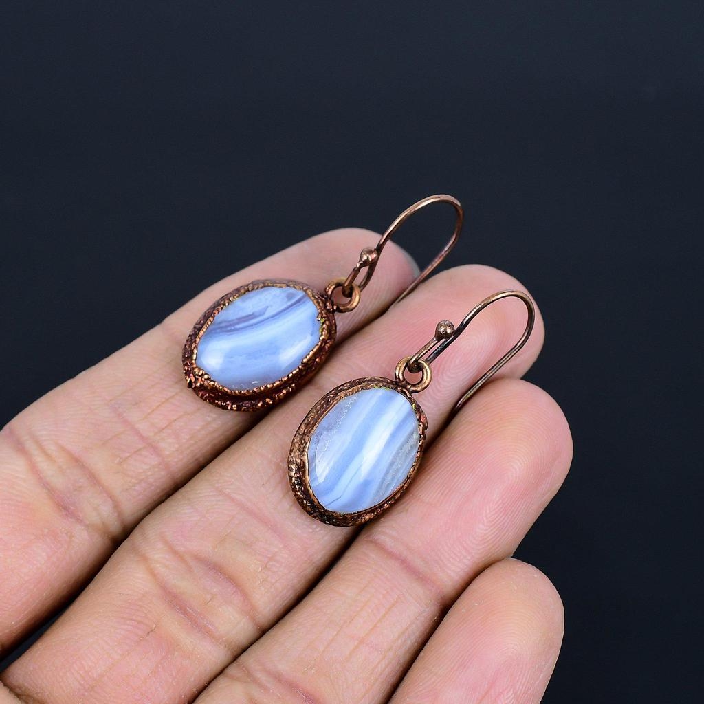 Blue Lace Agate Handmade Gemstone Earrings, Copper Electroformed Earrings Antique Jewelry, Earrings For Engagement Gift