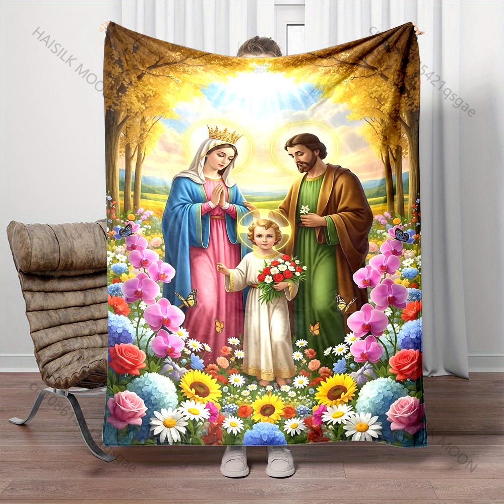 1PC Holy Family with Radiant Garden Print Believer Pray blanket Warm soft flannel material suitable for all seasons luxury gift