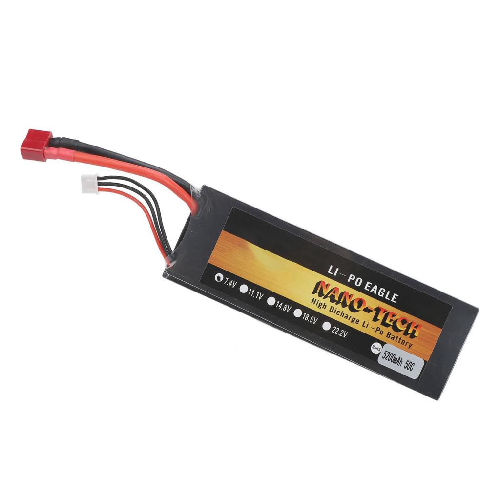 7.4V  Battery 5200mAh 2S 50C Hard Case Lithium Polymer Battery with T Plug for 1/8 1/10 RC Cars