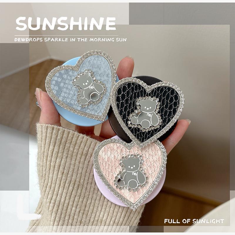 Rhinestone Bear Magnetic Phone Stand with Mirror & Heart Ring