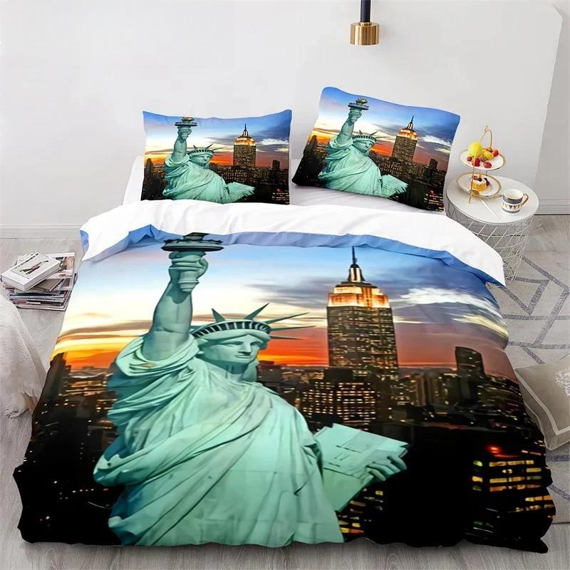 Statue Of Liberty Duvet Cover King Size Microfiber World Famous Building Bedding Set New York Landmark Cityscape Comforter Cover