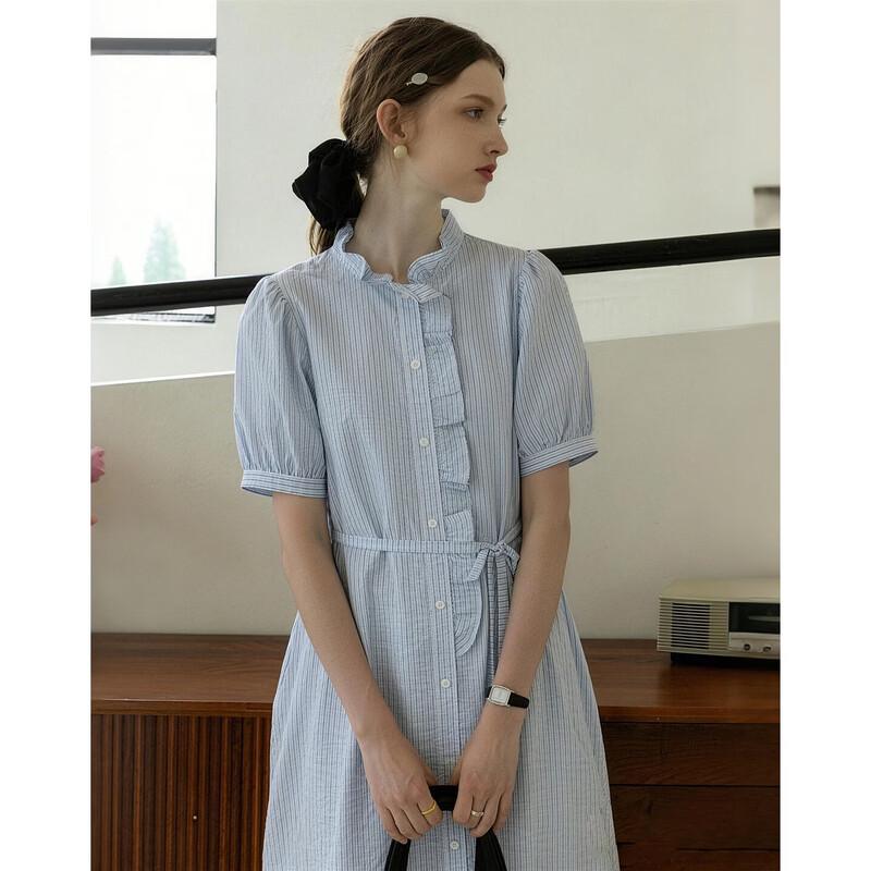 French Romance Striped Ruffle Stand-Up Collar Dress