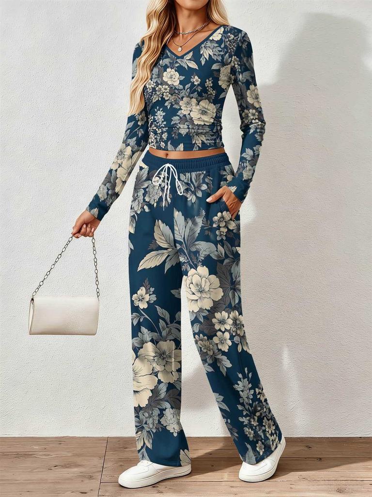 Floral pattern printed women's V-neck long-sleeved trousers set Comfortable casual versatile slim two-piece set