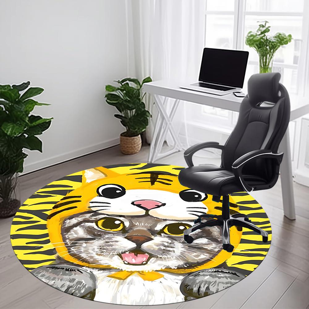 1PC Tiger Cat Office Round Area Rug,  Mat Suitable ForOffice, Under Office Chairs Bedroom Living Room Home Decor, Room Deco