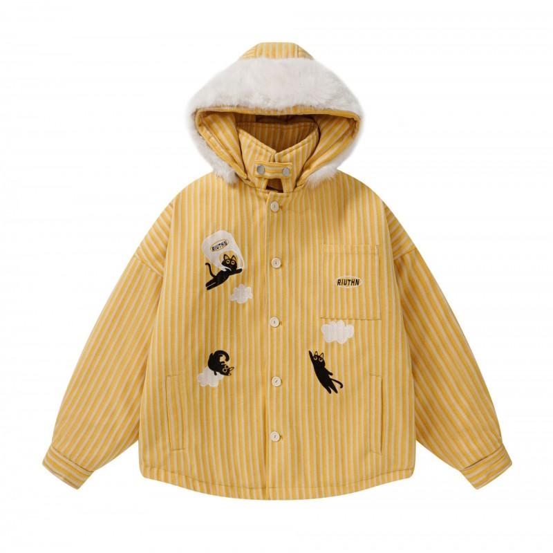 American Retro Cartoon Cat Embroidered Detachable Hood Winter Warm Cotton Coat Men Women