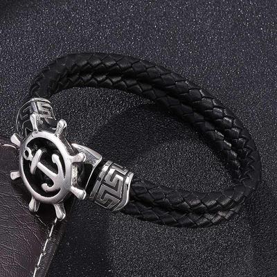 Black Retro Woven Leather Bracelet with Stainless Steel Anchor