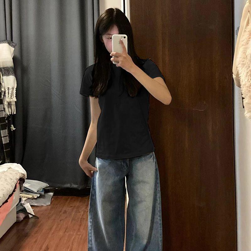 

Shoulder Round Neck Pure Cotton Silm Top T-shirt with Short Sleeves Black M