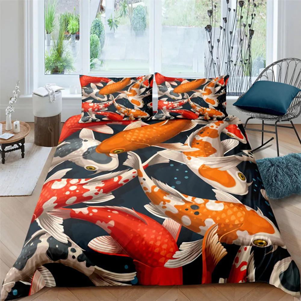 Japanese Duvet Cover Koi Carp Couple Swimming Cherry Blossom Branch Culture Design For Bedroom Decorative Orange Grey Women Men