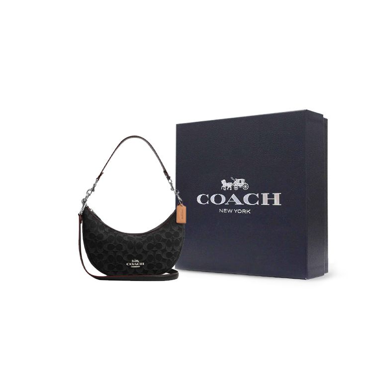 Coach Aria 26 Gold Label Classic Monogram Hardware Zipper Closure Denim Crescent Shoulder Bag Medium Women Shoulder Bag Black CP100-SVBK