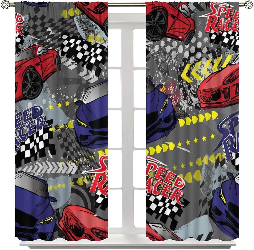 Racing Car Kids Curtains Checkered Flag Abstract Red Background Decoration Bedroom Living Room Kitchen Curtain Light Blocking Polyester Ideal For Area