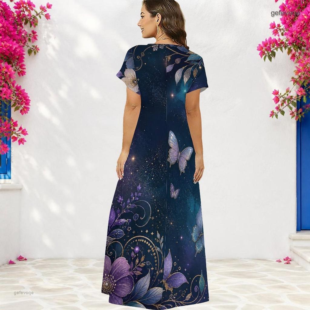 Women Plus Size V Neck Short Sleeve Floral Butterfly Printed Black Straight Long Dress