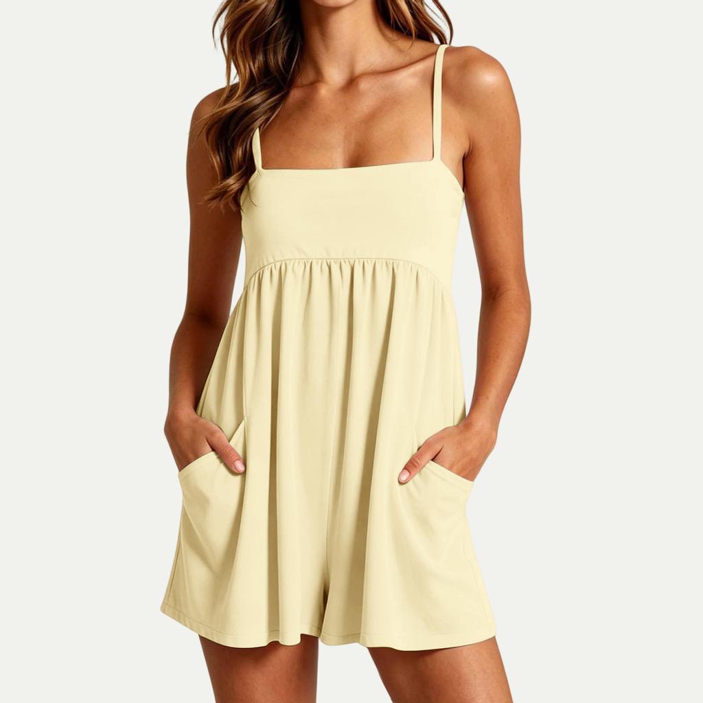Ärmelloser Jumpsuit mit Taschen für Damen, lässiger Romper mit weitem Bein, Overall mit quadratischem Ausschnitt und Trägern, Sommer-Playsuit