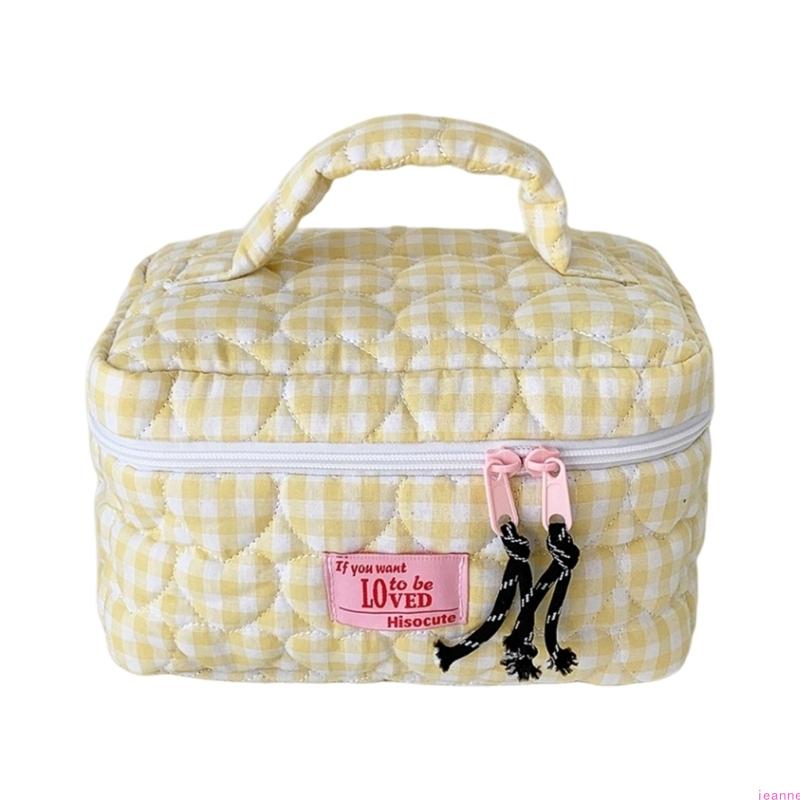 

User Friendly Fabric Plaids Toiletry Bag With Quilted Heart Detail Spacious Interior Hand Carry For Travel Personal Care