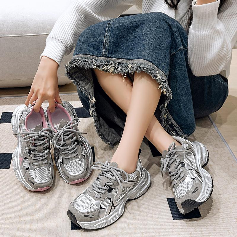 Spring Women's Shoes Silver Thick Sole Versatile Casual Shoes Women's Lightweight and Breathable Sneakers Zapatos Mujer