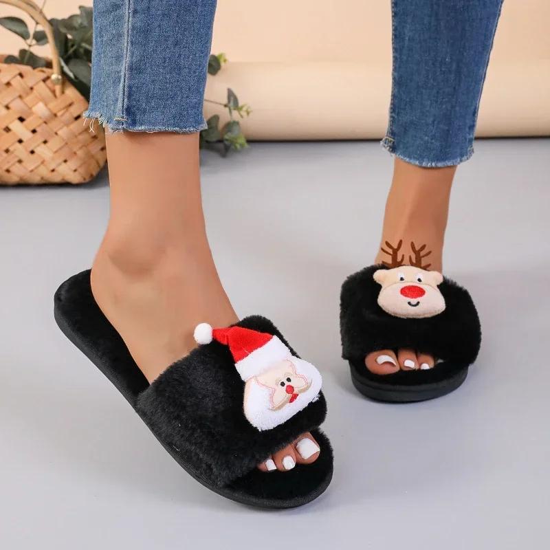 Weihnachten Damen Hausschuhe Herbst Winter Innen Haushalt Plüsch Warme Bequeme Baumwollschuhe Niedlich Flache Unterseite Freizeitschuhe Weich
