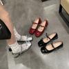 Light Mouth Square Head Small Leather Shoes One Word Thick Heel Single Shoes Bow 2025 Mary Jane Shoes Women'S Silver Spring New Models