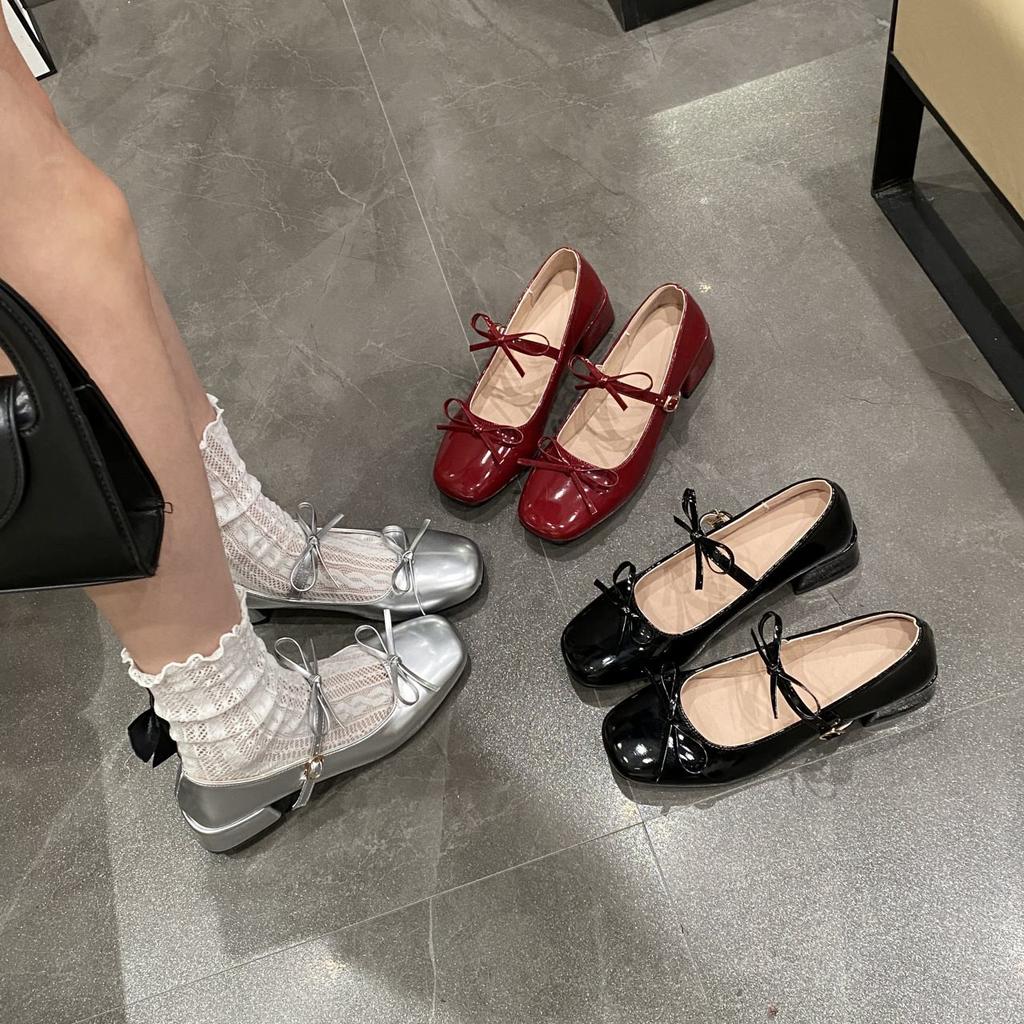 Light Mouth Square Head Small Leather Shoes One Word Thick Heel Single Shoes Bow 2025 Mary Jane Shoes Women'S Silver Spring New Models
