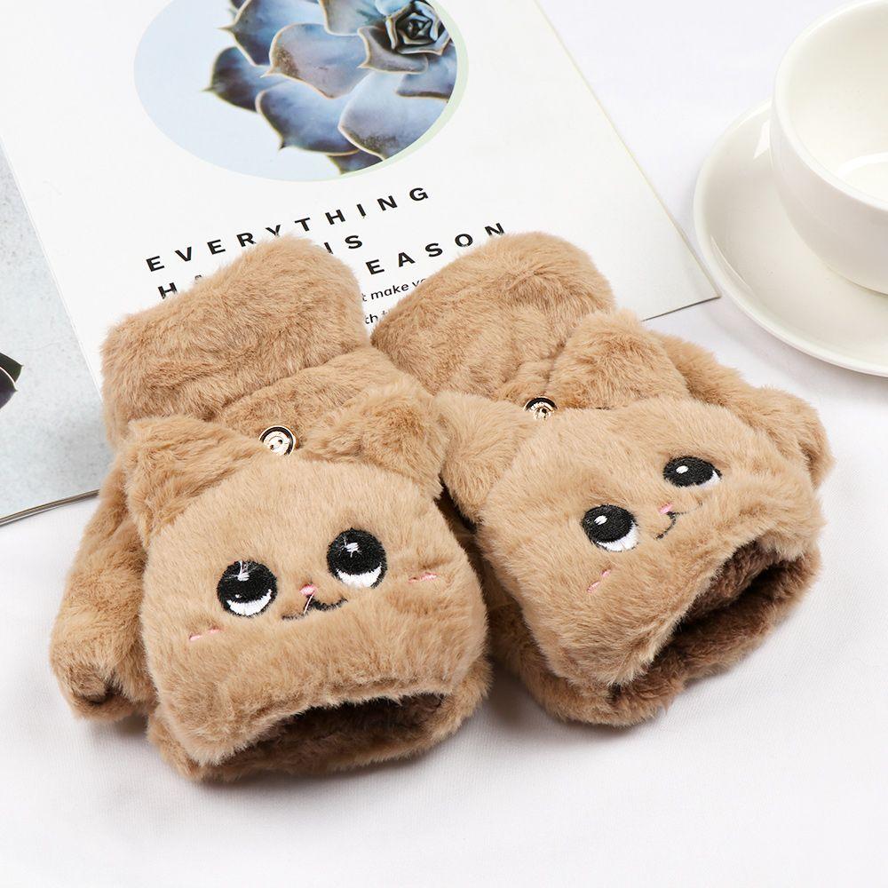 Fashion Soft Cute Cat Warm Mittens Half Finger Faux Rabbit Hair Gloves Plush Thick