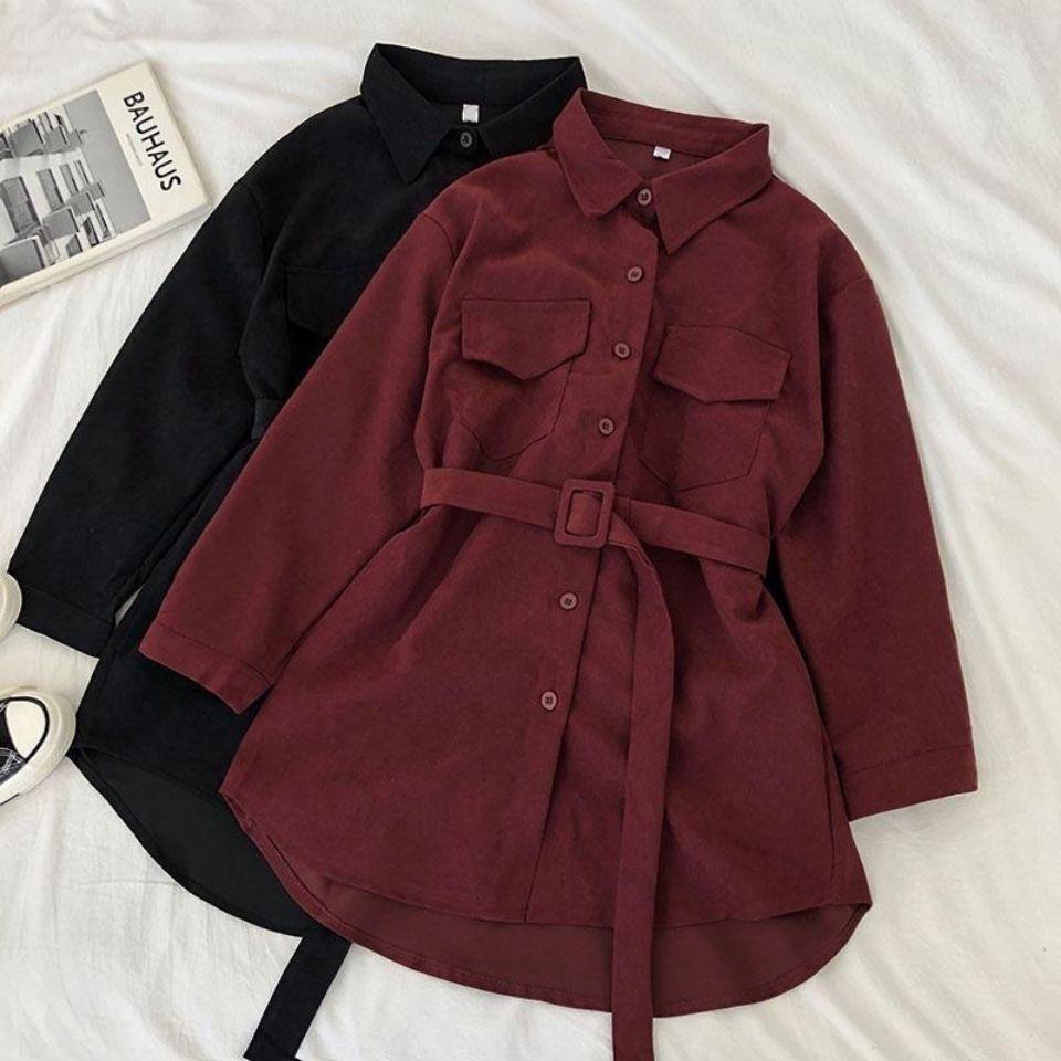 Women's Corduroy Belted Single-Breasted Shirt Dress - Chic Korean Style, Loose Mid-Length for Spring/Autumn 2025