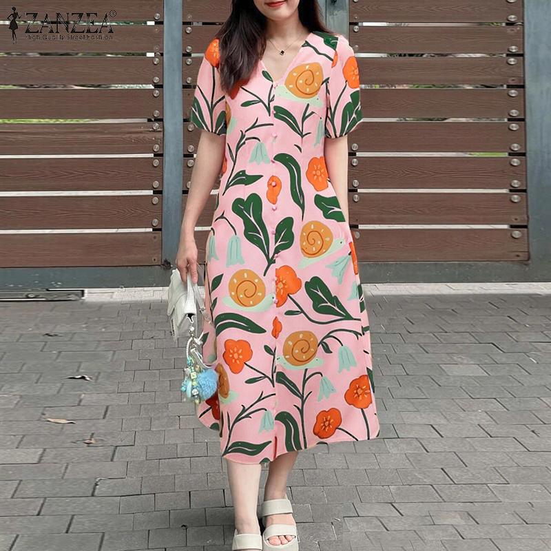 ZANZEA Women Summer V-Neck Boho Print Casual Short Sleeve Dress