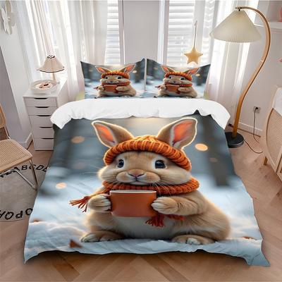 3pcs Anime Bunny Winter Wonderland Bedding Set - Includes One Quilt Cover and Two Pillowcases (No Core) - Festive Gift for Bedroom Decor - P