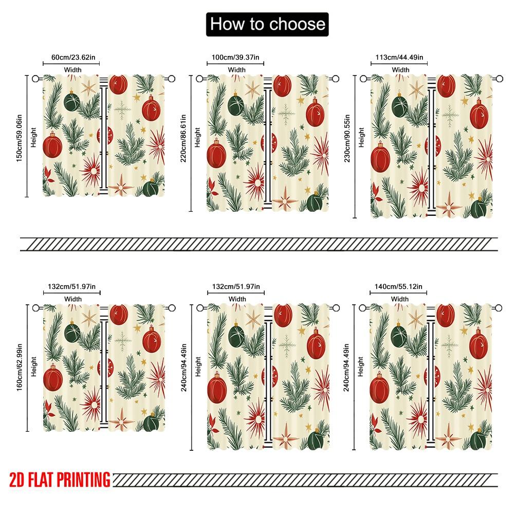 2pcs,2D Plane Printing Curtains Christmas Baubles Pine Branches Stars (2) Polyester (without Rod) Holiday for Various Room Types