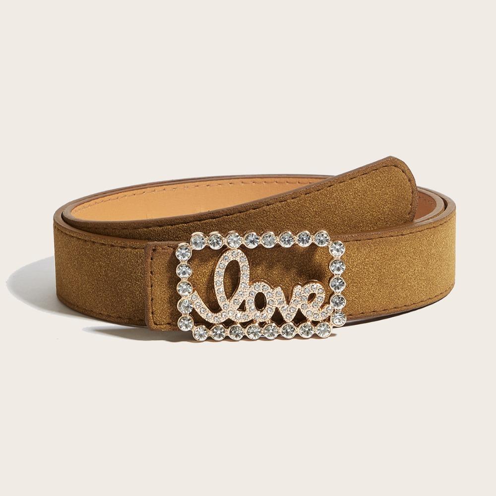 

Maillard Style Suede Leather Belt Frosted Rhinestone Love Buckle Women Waist Belt Luxury Design Versatile Jeans Belt коричневий
