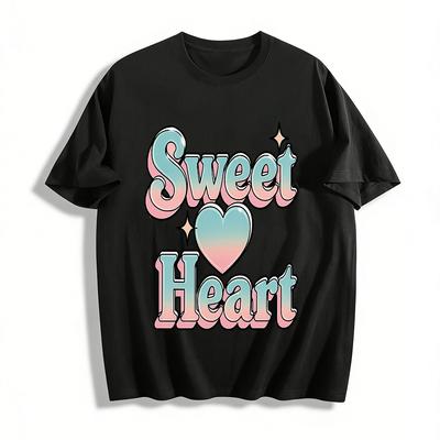 Sweet Heart Gradient Print Casual T-Shirt Women Y2K Style Loose Fit Short Sleeve Top for Daily Wear Pure Cotton T-shirt