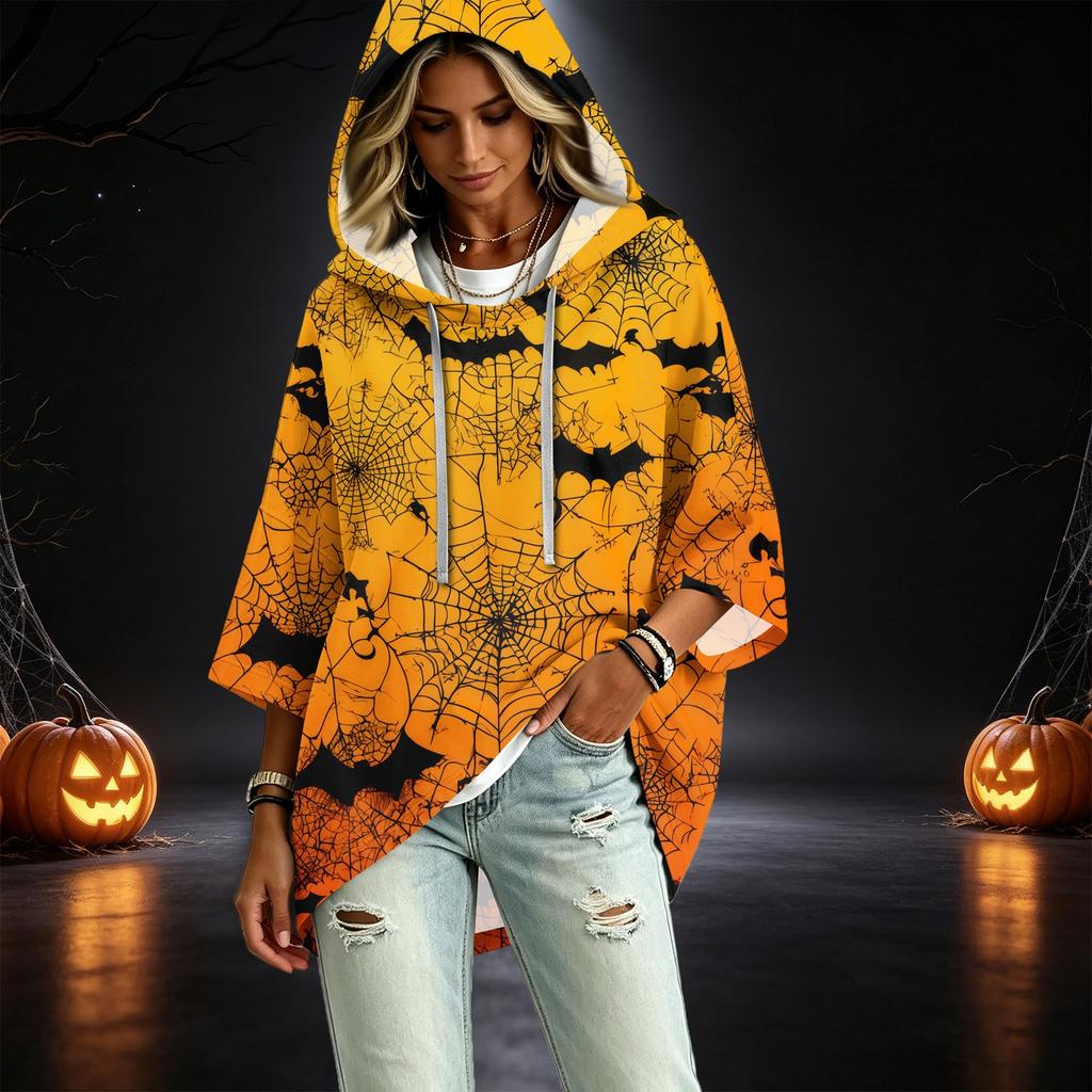 Women's Three-Quarter Sleeve Hoodie with Halloween Print Pullover Top