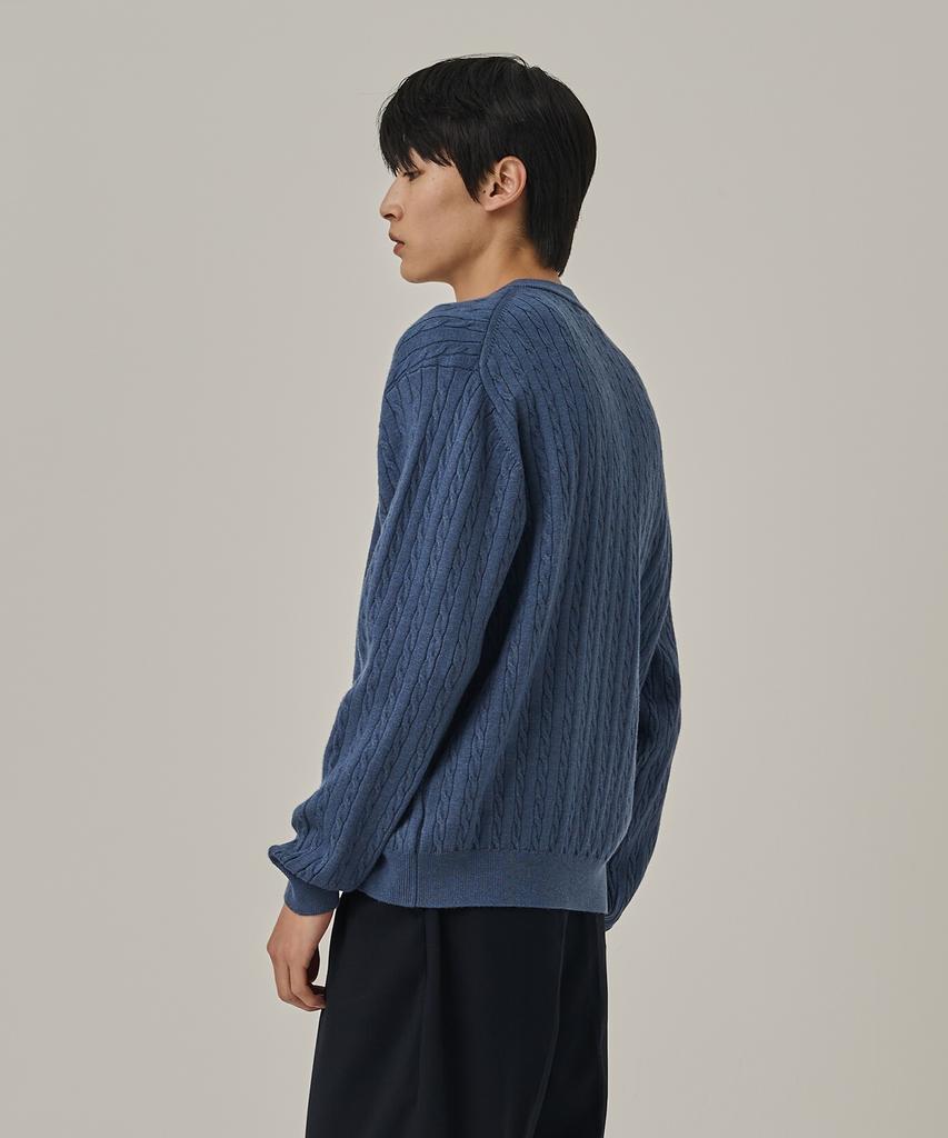 ANALOG MOOD Washable Cable Henley Neck Knit T-Shirt (Blue)