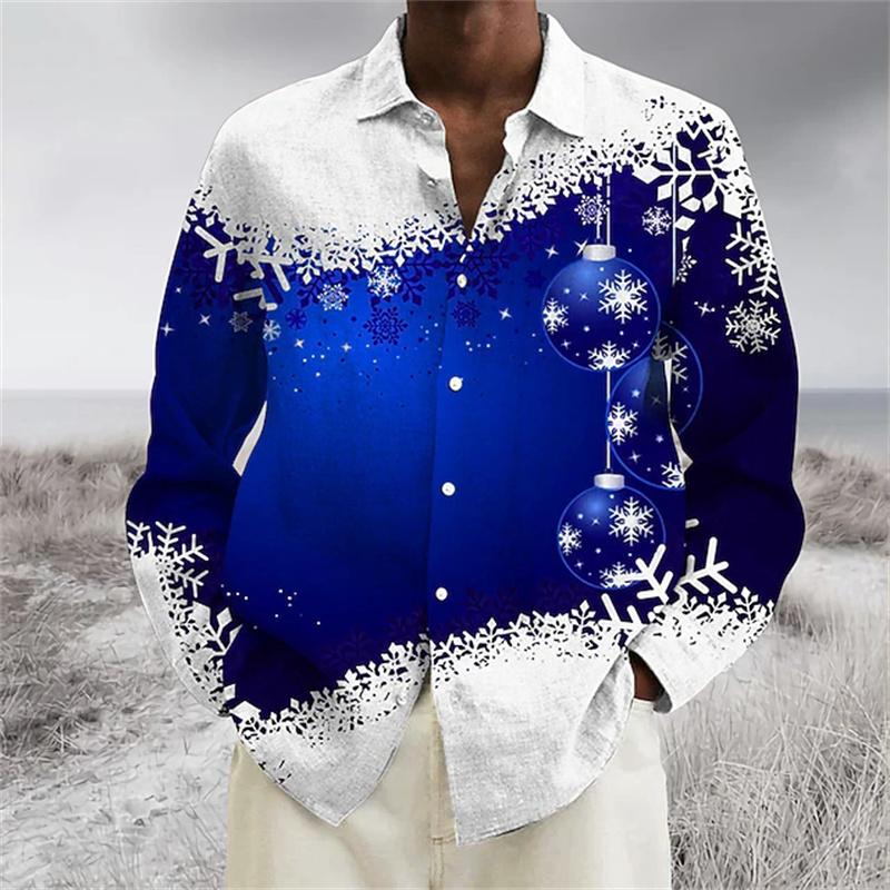 Christmas Men's Long-Sleeve Shirt, Red and White Color Block, Christmas Ball and Snowflake Pattern, Holiday Party Shirt