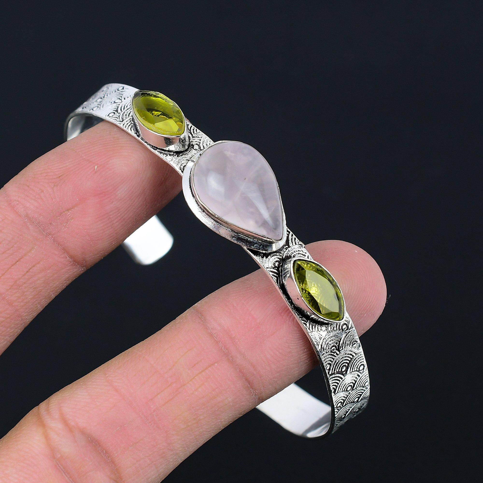 

Natural Rose Quartz Gemstone 925 Sterling Silver Bangle Adjustable For Girls Adjustable