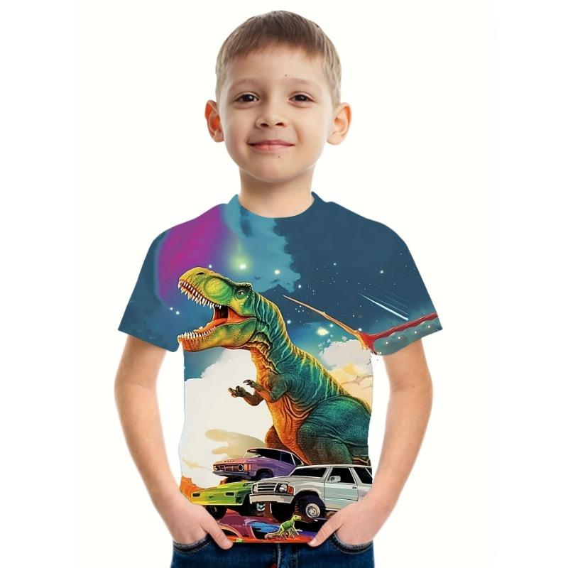 Summer Round Neck 3D Printed Dinosaur Pattern Top Fashionable Casual Short Sleeved Children's Boy T-shirts