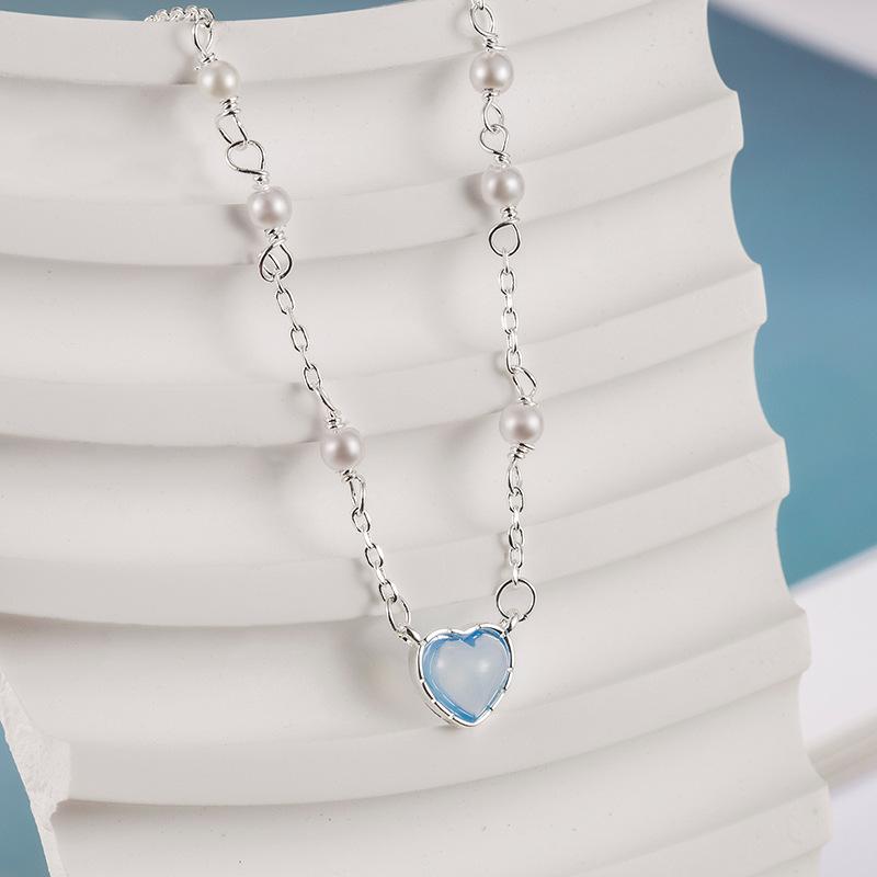 Ladies Crystal Pearls Love Heart Pendant Necklace Jewelry