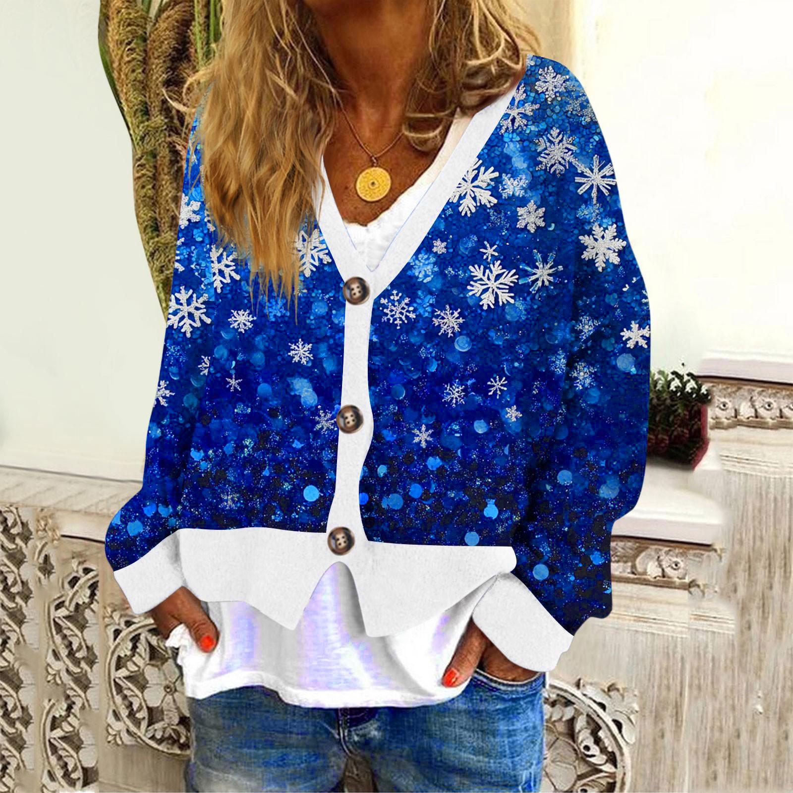 

Женское модное короткое пальто, повседневное, с длинным рукавом, с рождественским принтом, однобортный плюшевый топ L синий