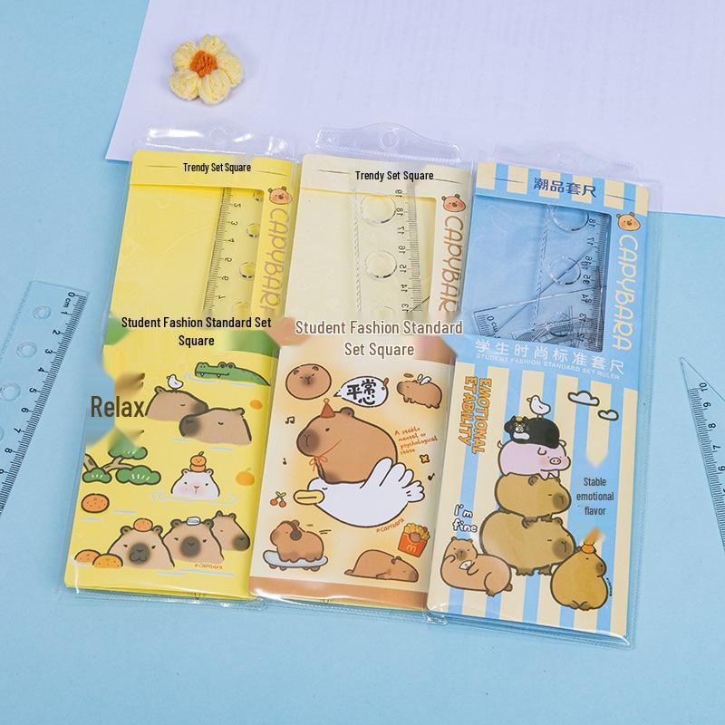 Cute Cartoon Student Ruler Set: Transparent 20cm Straight Ruler, Triangle Ruler, Protractor - 4 Pieces